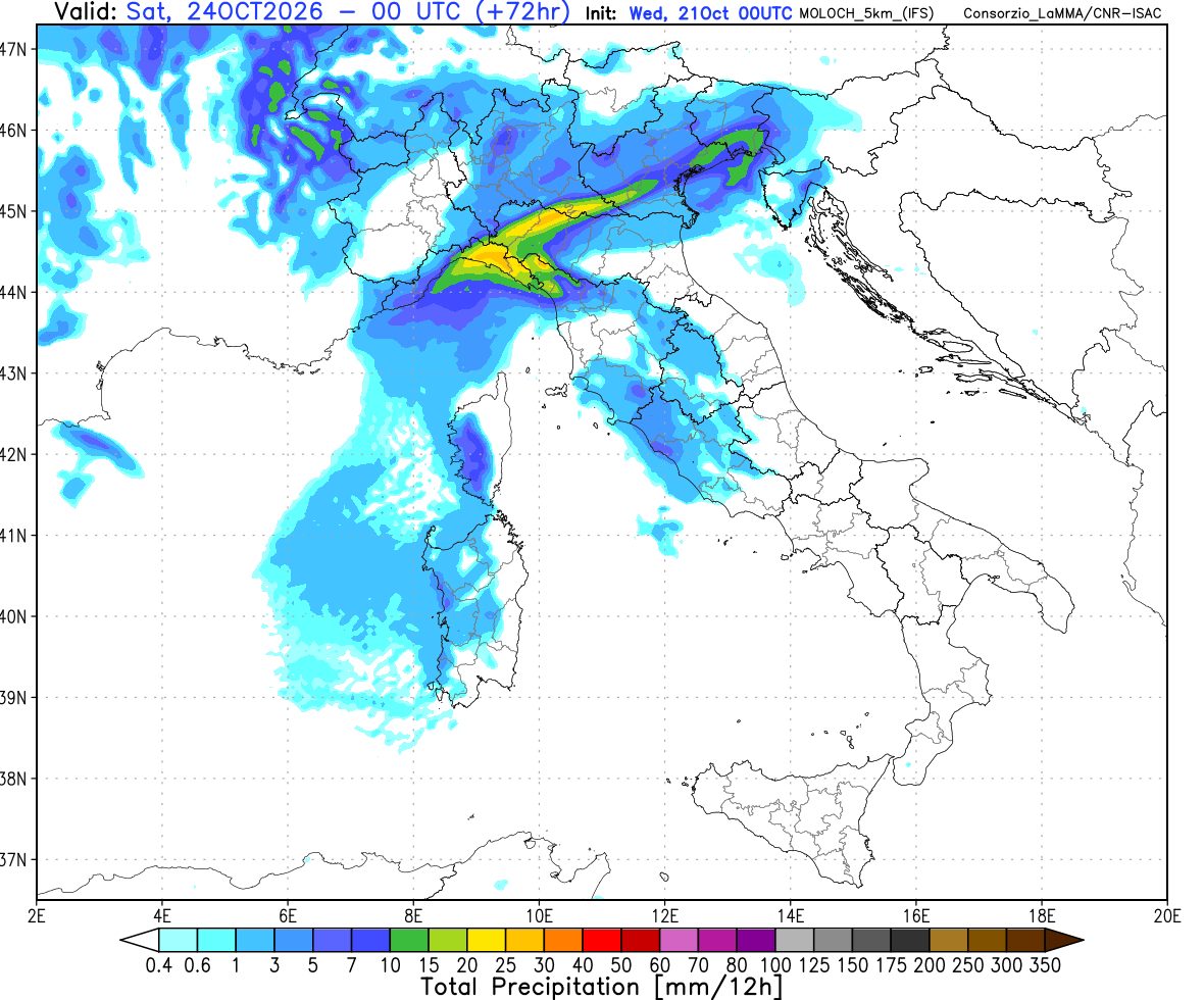sommatoria delle piogge attese tra la sera di venerdi 23 e la notte su sabato 24 ottobre, secondo il modello Moloch 5km elaborato su base grafica Lamma