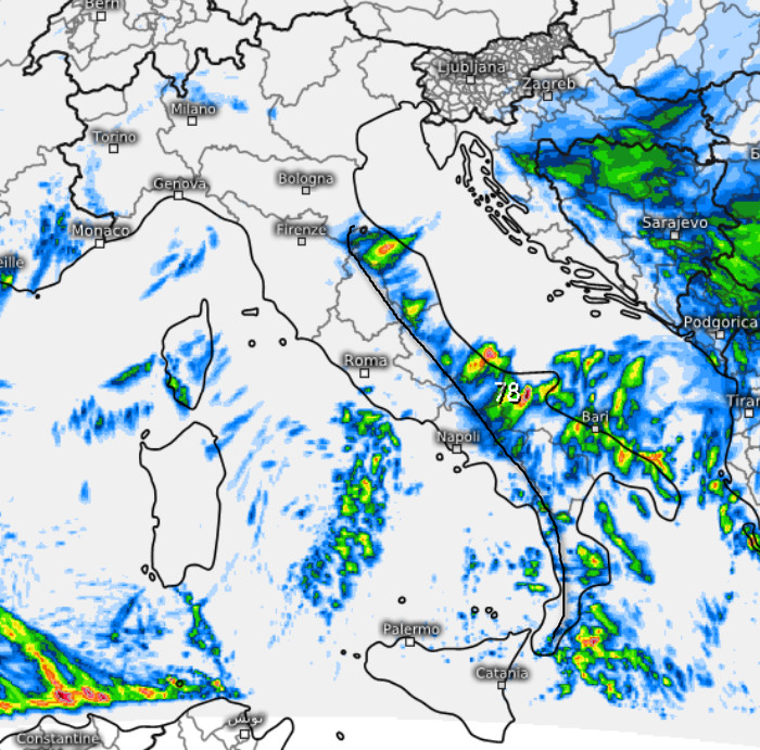 sommatoria delle precipitazioni attese sul nostro Paese nell'arco della giornata di venerdì 30 ottobre secondo il modello SWISS 4KM elaborato su base grafica Meteologix