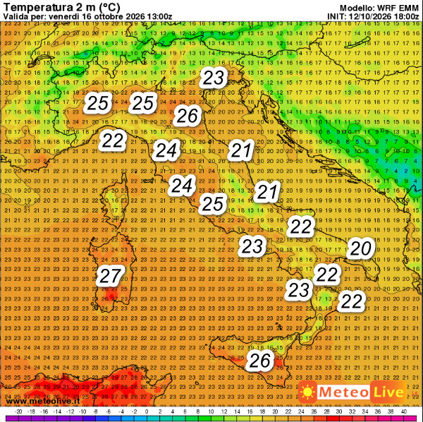 temperature attese in Italia alle ore 15 di venerdi 16 ottobre