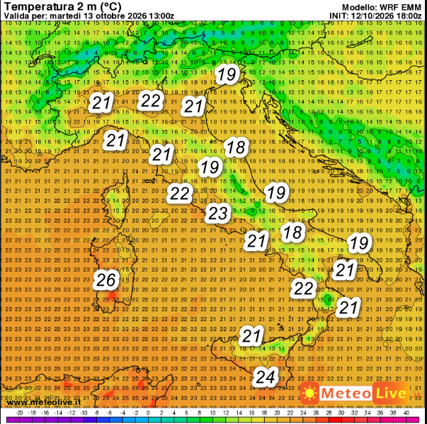 temperature, questi sono i valori termici attesi in Italia alle ore 15 di marted&igrave; 13 ottobre