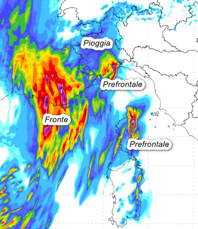 sommatoria delle precipitazioni attese sul nostro Paese secondo il modello Moloch 1.5km elaborato su base grafica Lamma
