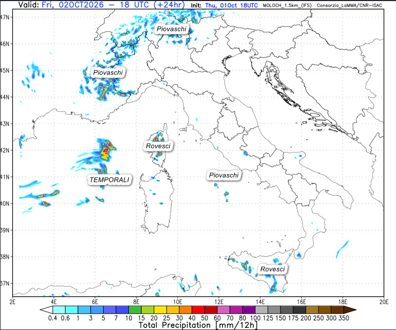 sommatoria delle precipitazioni attese sul nostro Paese fino alle ore 20 di venerdi 2 ottobre secondo il modello Moloch 1.5km elaborato su base grafica Lamma