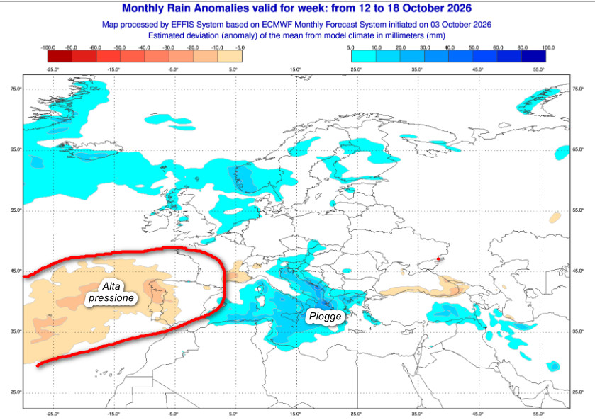 anomalie piovose a livello europeo previste per lasso temporale compreso tra il 12 ed il 18 ottobre