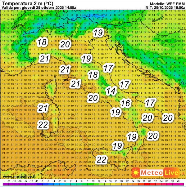 temperature attese in Italia alle ore 16 di giovedi 29 ottobre