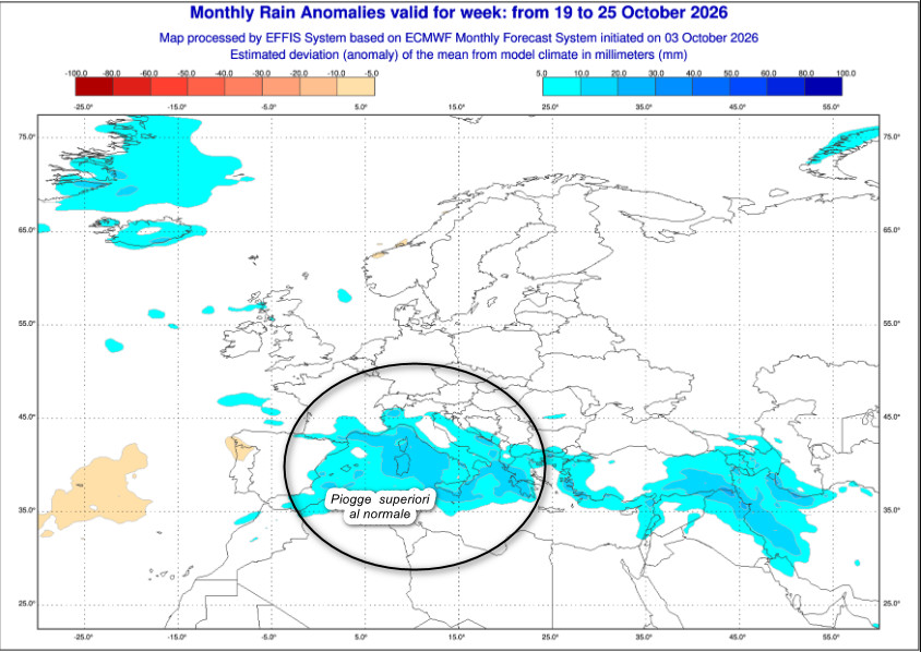 anomalie piovose a livello europeo previste per lasso temporale compreso tra il 18 ed il 25  ottobre