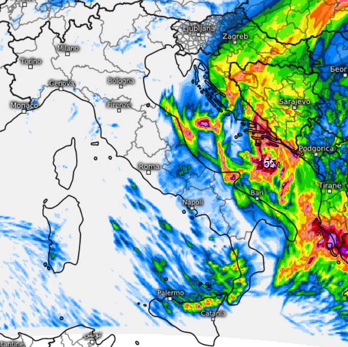 sommatoria delle precipitazioni attese in Italia nell'arco della giornata di domenica 11 ottobre secondo il modello SWISS 4KM elaborato su base grafica Meteologix