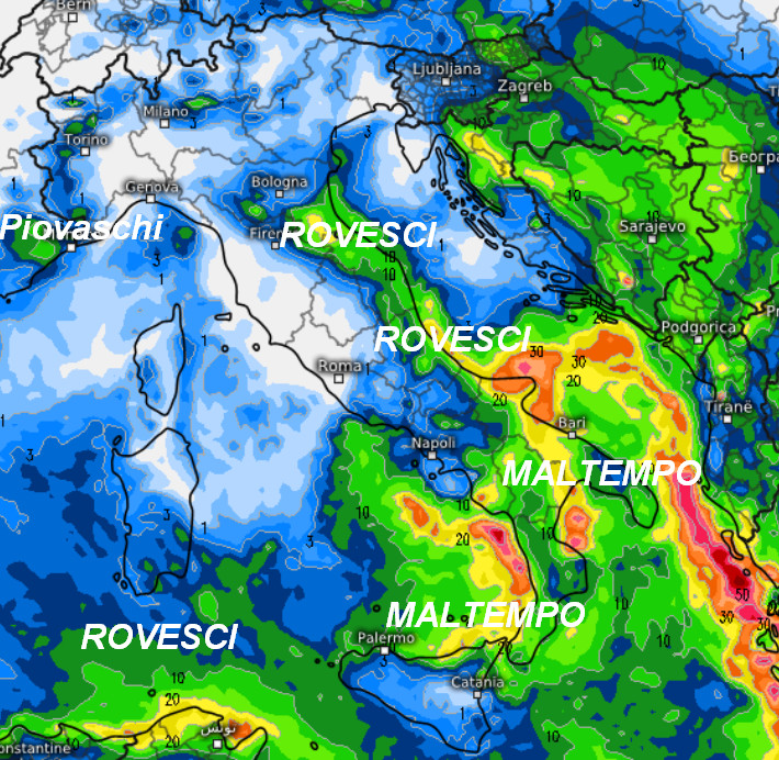 sommatoria delle precipitazioni attese in Italia nell'arco della giornata di domenica 1 novembre secondo il modello ECMWF elaborato su base grafica Meteologix