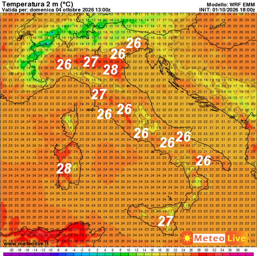 temperature attese in Italia alle ore 15 di domenica 4 ottobre