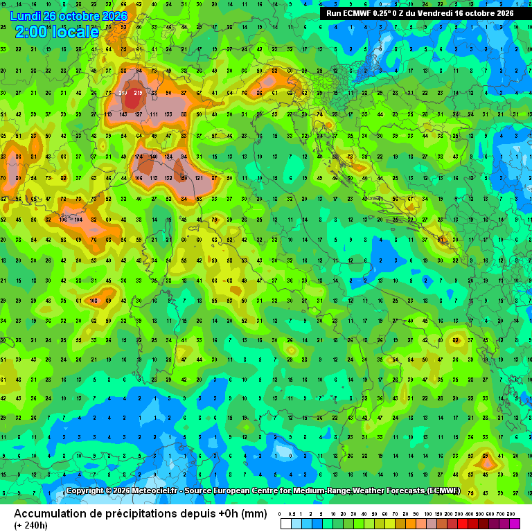 sommatoria delle piogge attese nei prossimi 10 giorni secondo il modello ECMWF elaborato su base grafica Meteociel