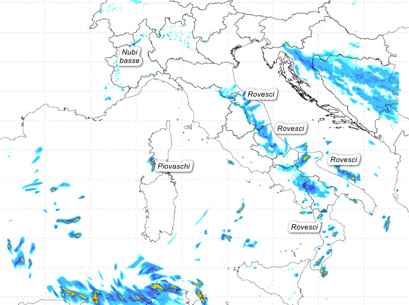sommatoria delle precipitazioni attese in Italia fino al primo pomeriggio di venerdi 30 ottobre secondo il modello Moloch 1.5km elaborato su base grafica Lamma