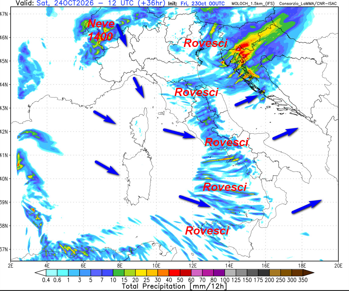 sommatoria delle piogge attese in Italia fino al primo pomeriggio di sabato 24 ottobre secondo il modello Moloch 1.5km elaborato su base grafica Lamma