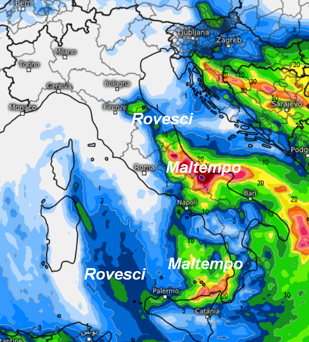 sommatoria delle precipitazioni attese in Italia nell'arco della giornata di lunedi 2 novembre, sempre secondo il modello ECMWF elaborato su base grafica Meteologix
