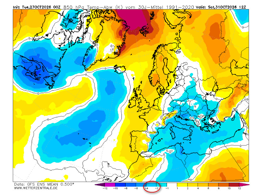anomalie termiche a 1500 metri attese in Europa ed in Italia nelle ore centrali di sabato 31 ottobre, secondo la media degli scenari del modello GFS elaborato su base grafica Meteociel