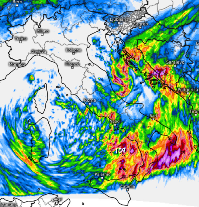 sommatoria delle precipitazioni attese in Italia nell'arco della giornata di sabato 10 ottobre secondo il modello SWISS 4X4 elaborato su base grafica Meteologix