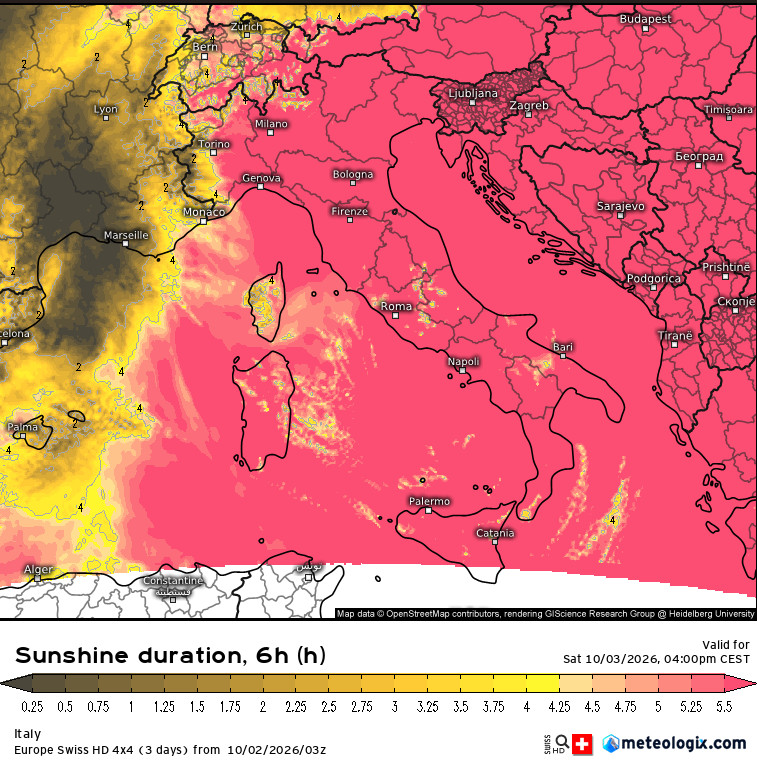 soleggiamento totale cumulato previsto tra le 9 e le 16 di sabato 3 ottobre