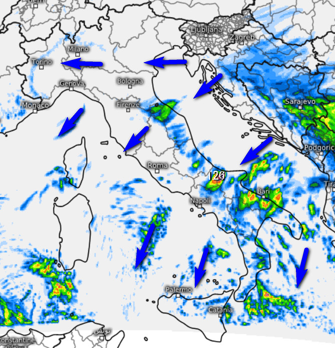 sommatoria delle precipitazioni attese in Italia nell'arco della giornata di venerdi 30 ottobre secondo il modello SWISS 4X4 elaborato su base grafica Meteologix